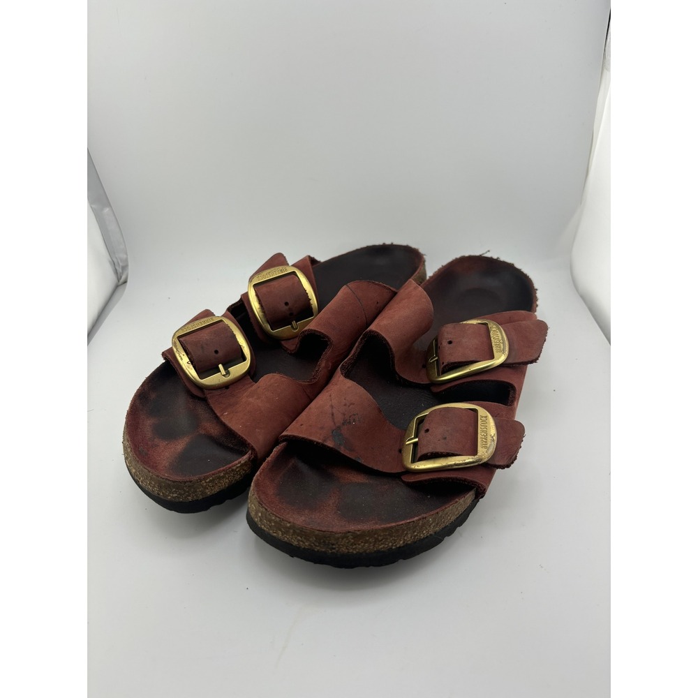 Birkenstock Arizona Big Buckle Maroon Leather Sandals Womens 40 Gold Buckle